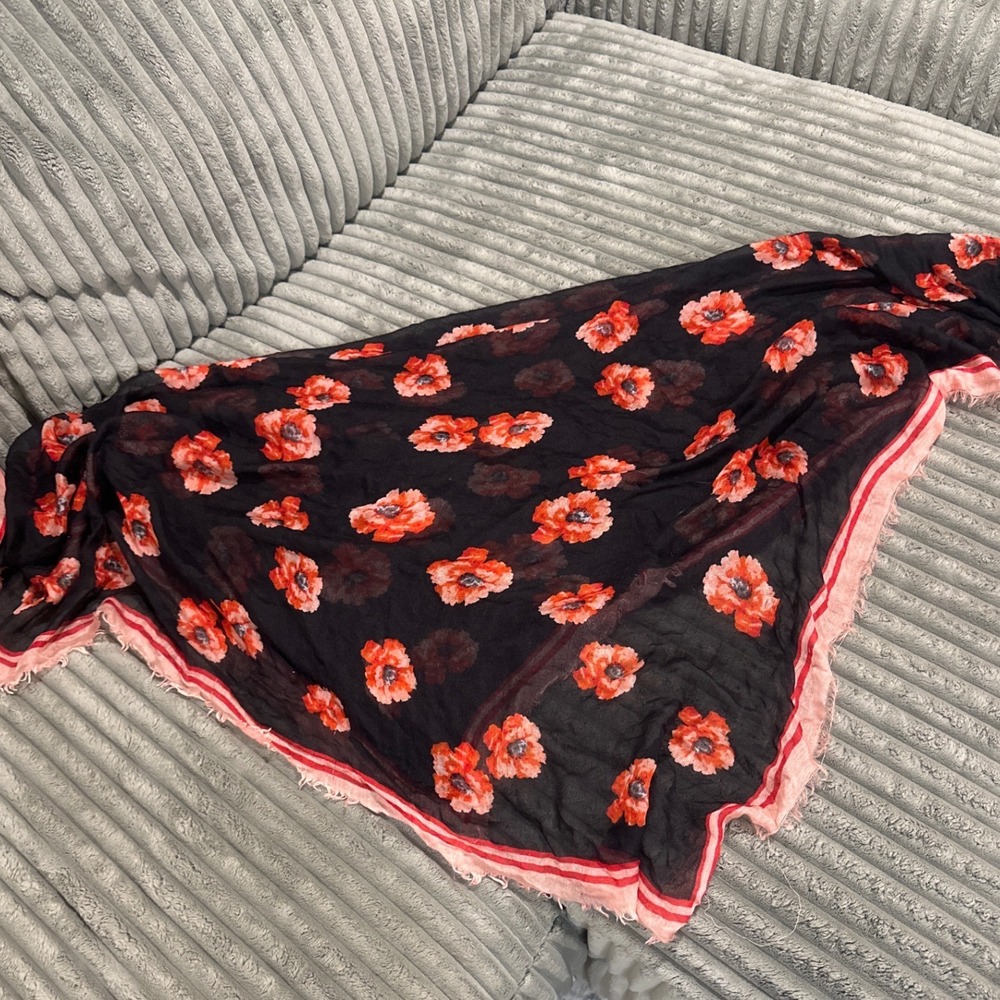 Talbots Silk Wool Cashmere Poppy Floral Scarf 50x50" Black Orange Fringe CN5086